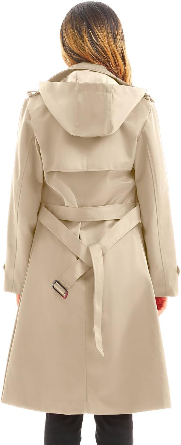 Women's Waterproof Long Double Breasted Belted Windbreaker Trench Coat with Removable Hood - Image 2