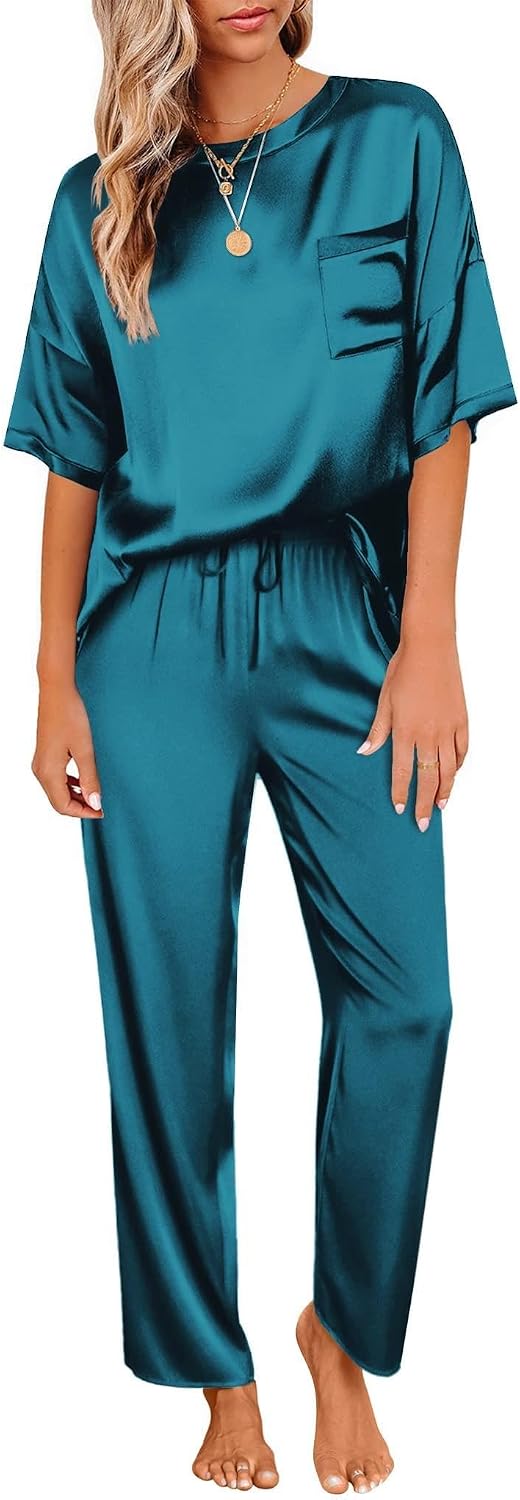 Women's Satin Short Sleeve Shirt and Long Pants Pajama Set