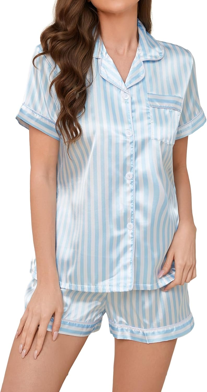 Women's Satin Button Up Pajama Set with Notch Collar