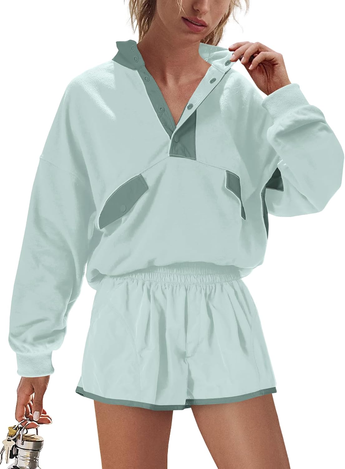 Work out Sets Gym for Women Sweatsuits 2 Piece Set Long Sleeve Top & Shorts Active Wear Sets with Pockets