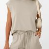 Womens Crew Neck Two Piece Short Sets Cap Sleeve Drawstring Summer Sweatsuit with Pocket