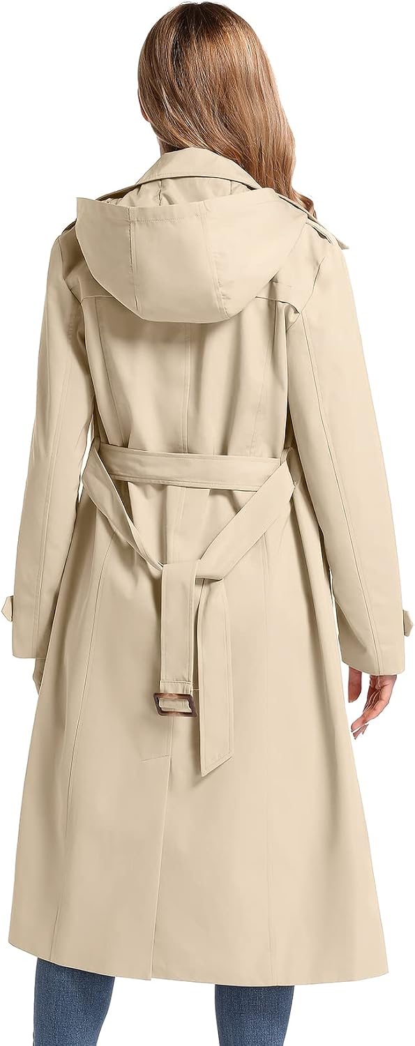 Women's Waterproof Double Breasted Long Belted Trench Coat with Removable Hood - Image 2