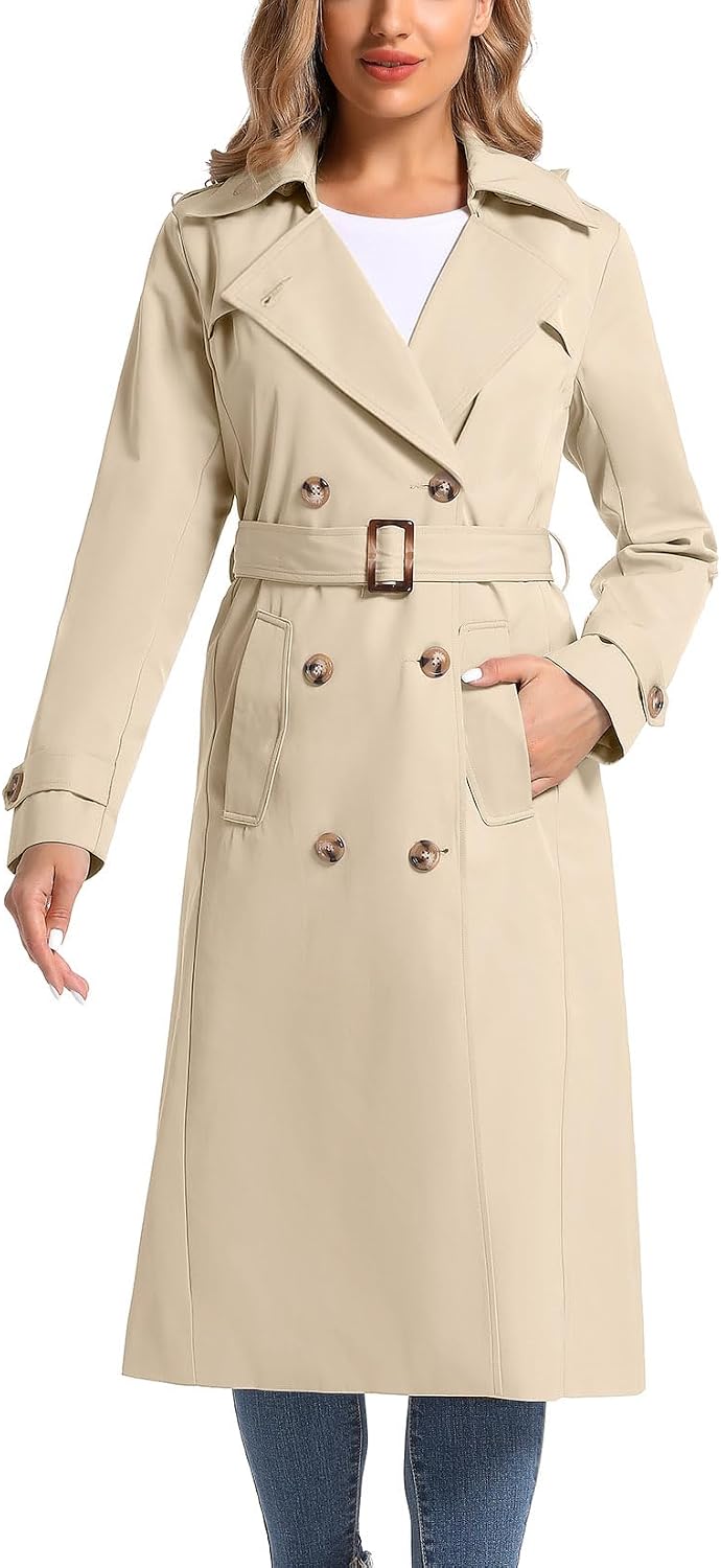Women's Waterproof Double Breasted Long Belted Trench Coat with Removable Hood