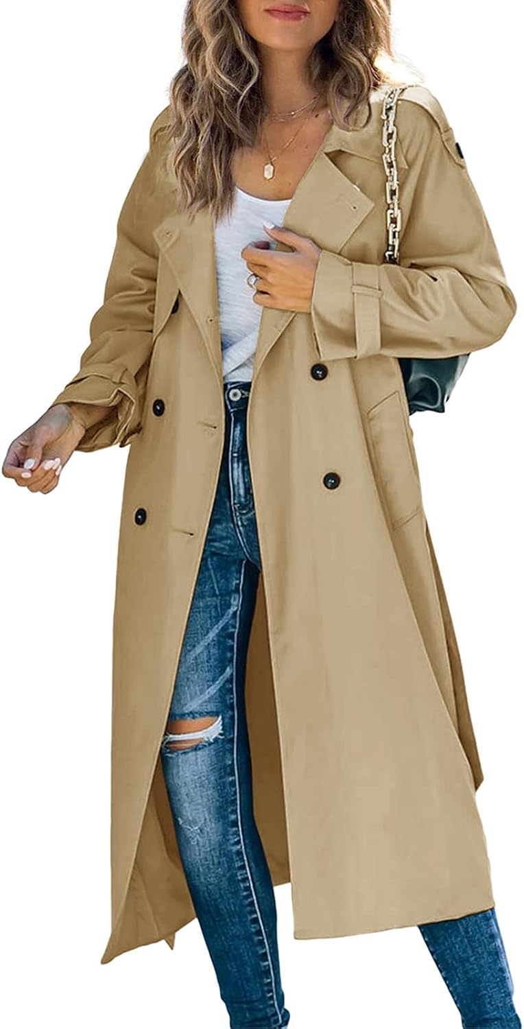 Women's Double Breasted Long Lapel Slim Windproof Overcoat with Belt