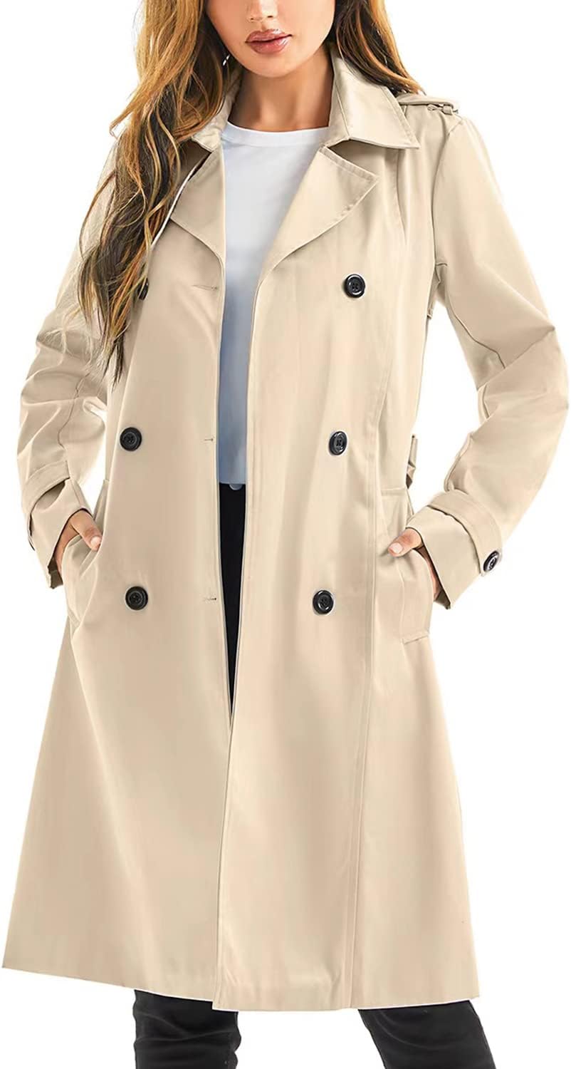 Women's Waterproof Long Double Breasted Belted Windbreaker Trench Coat with Removable Hood