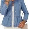 Women's Cropped Collarless Button Down Cinched Waist Denim Jacket