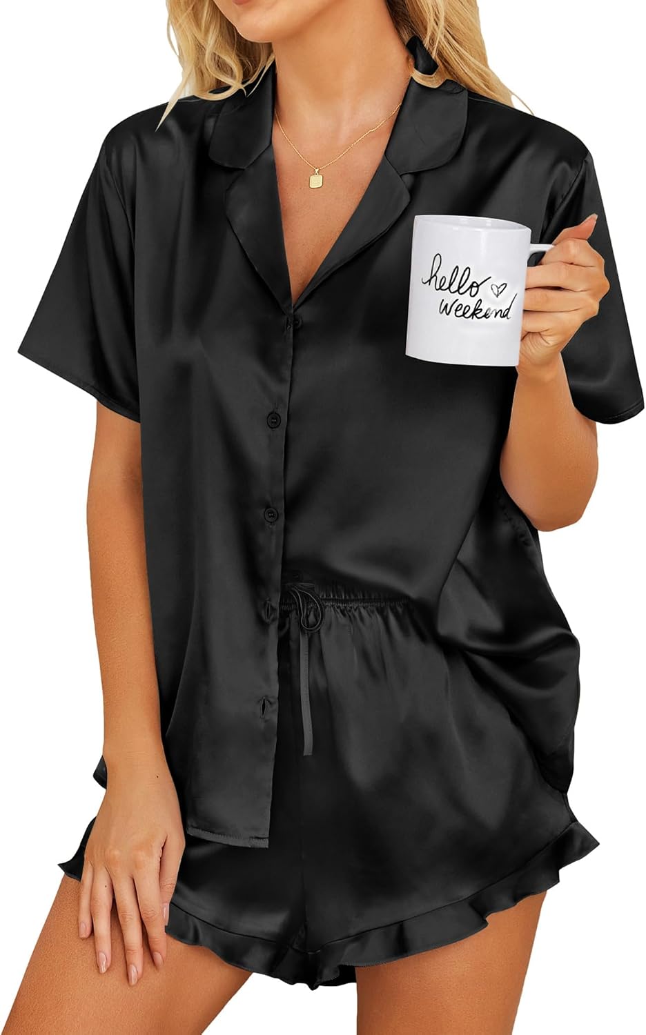 Women's Satin Button Down Pajama Set with Ruffle Collar and Shorts