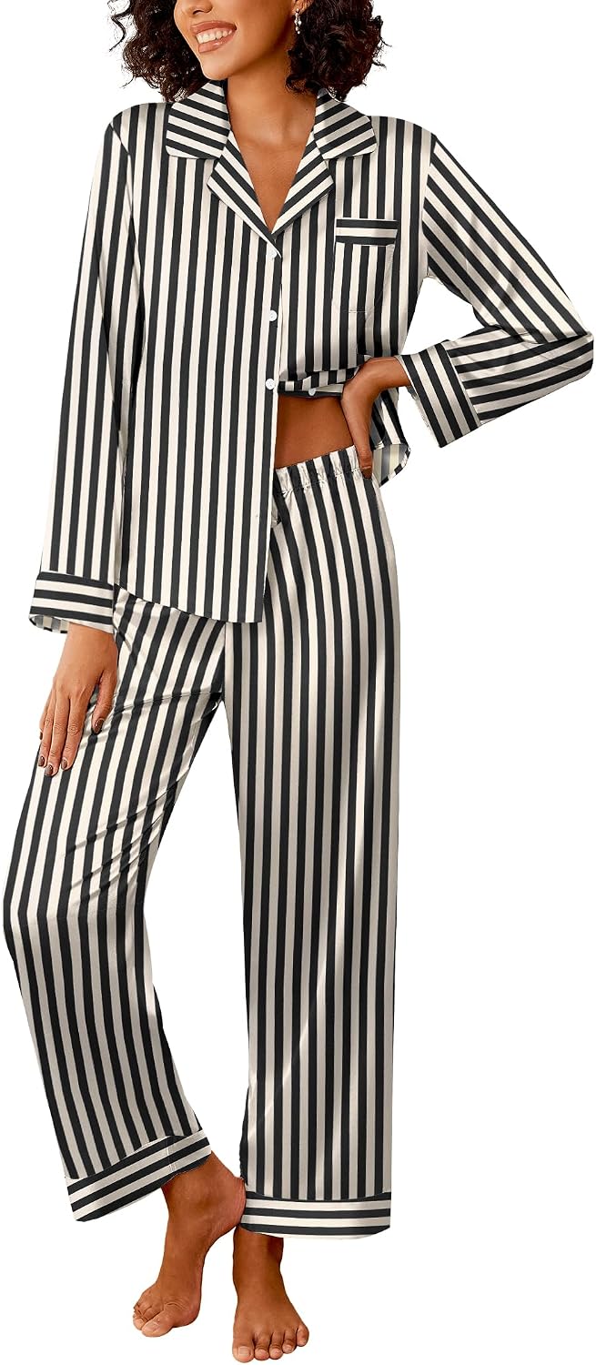 Women's Satin Long Sleeve Button Down Pajama Set with Matching Pants