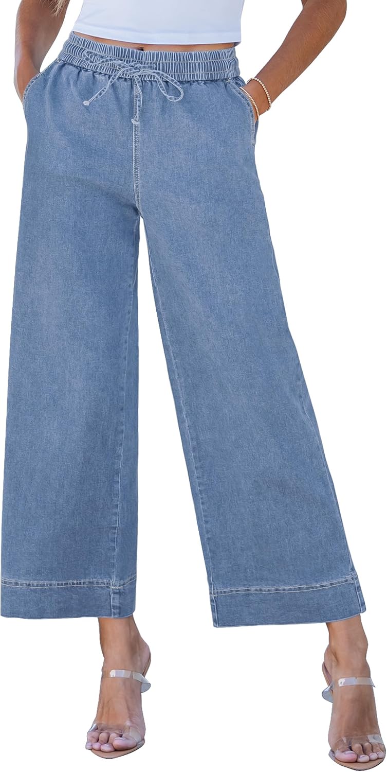 Elastic-Waist Cropped Wide-Leg Jeans