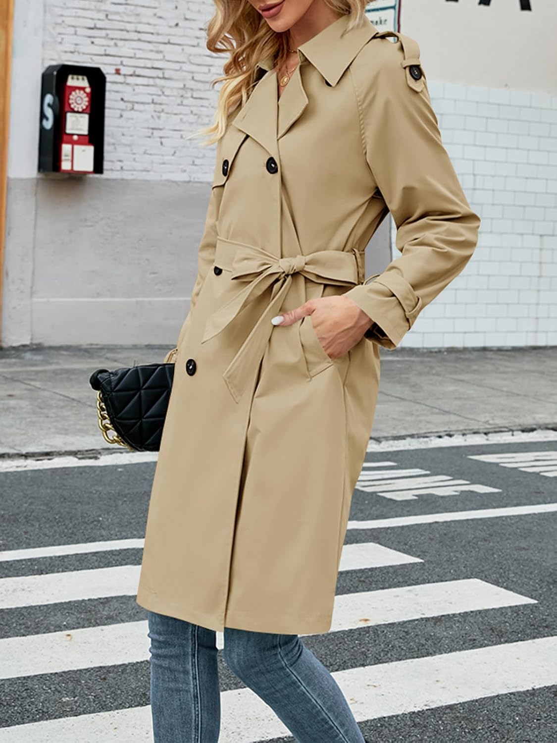 Women's Double Breasted Long Lapel Slim Windproof Overcoat with Belt - Image 2