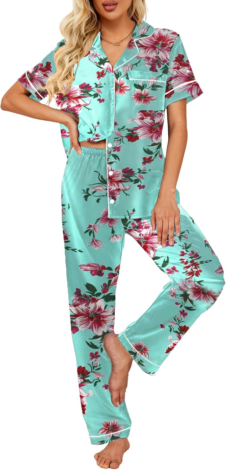 Women's Satin Short Sleeve Button Down Lounge Pajama Set