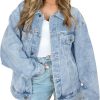 Women's Oversized Classic Button Down Denim Jacket with Chest Pockets