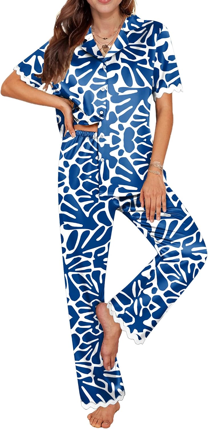Women's Satin Short Sleeve Button Down Pajama Set with Long Pants
