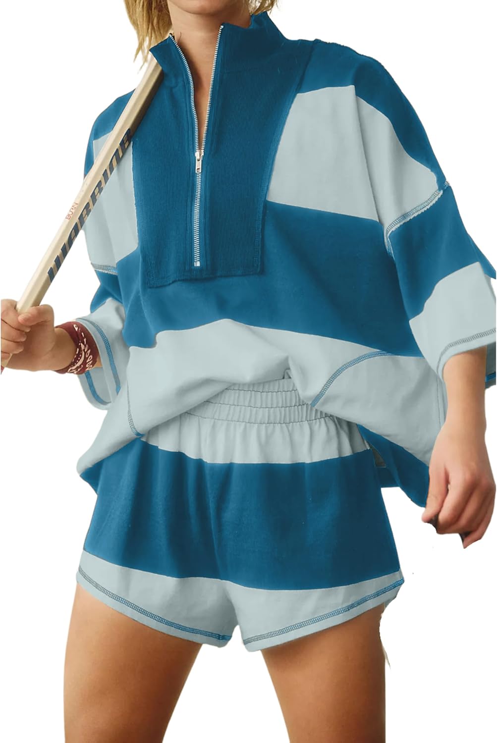 Womens Striped Two Piece Workout Set Oversized Quarter Zip Top Shorts with Pockets Outfit Tracksuit - Image 2