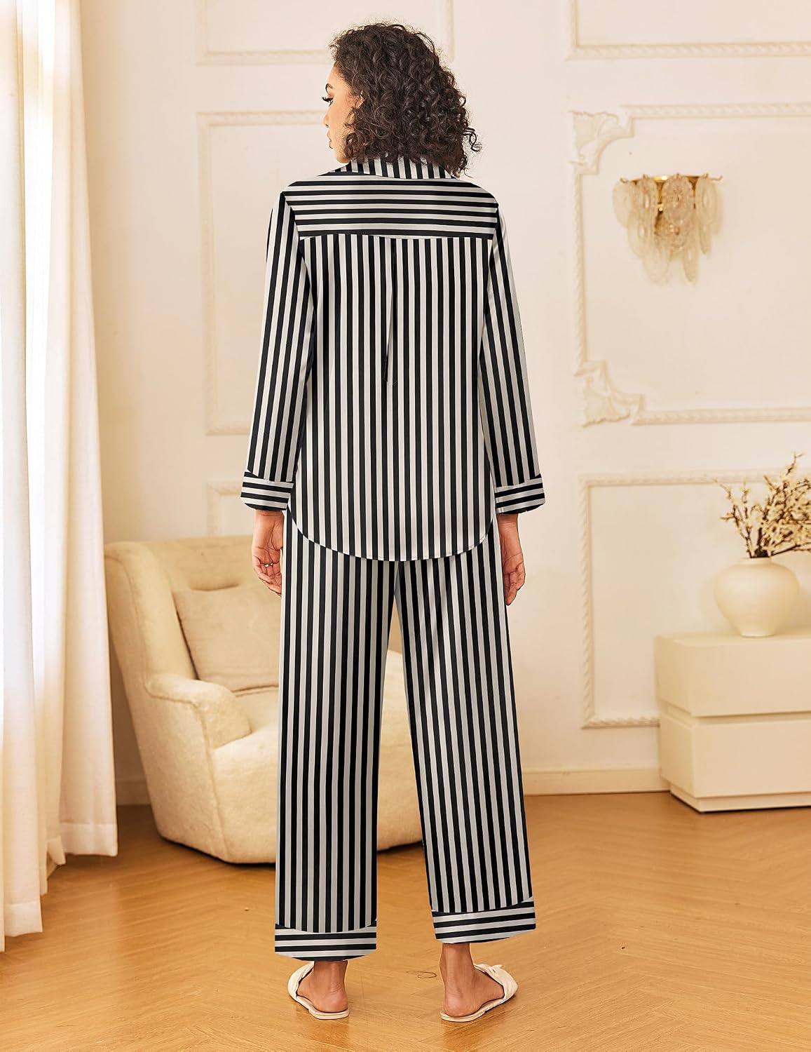 Women's Satin Long Sleeve Button Down Pajama Set with Matching Pants - Image 2